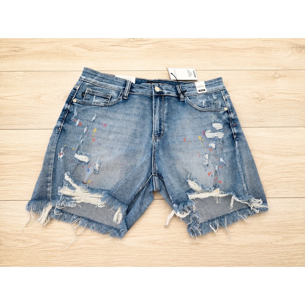 Judy Blue XL Mid Rise Distressed Denim Shorts Paint Splatter Frayed Hem NWT